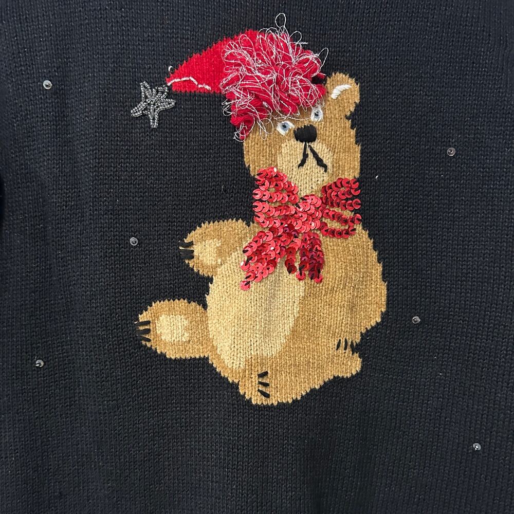 VTG Susan Bristol Christmas Teddy Bear Sequin Sweater Black M Hand Embroidered - Picture 3 of 9